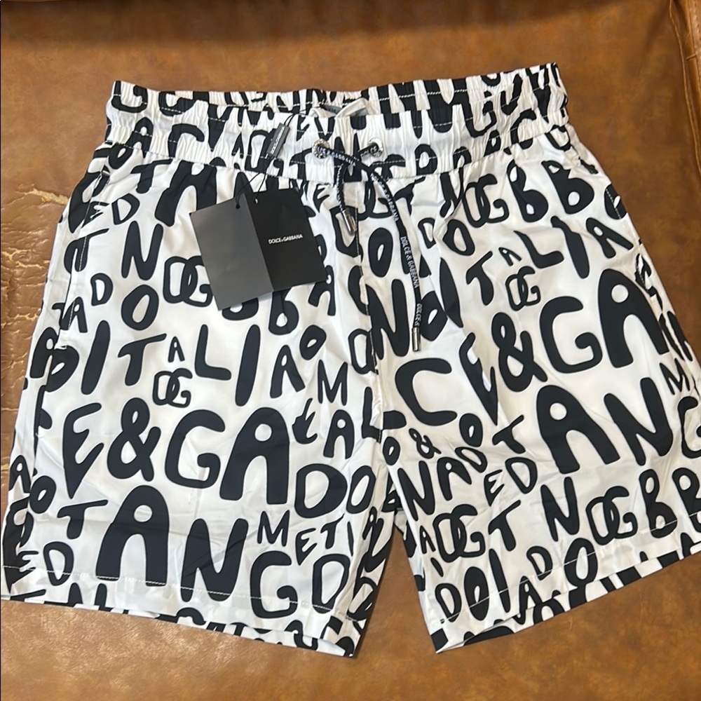 Dolce & Gabbana Black and White Swim Trunks Bold Graphic Design